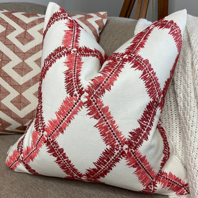Modern - Bold Cushion Cover, Pillow Cover Embroidered Geometric Design Ivory Red Orange/Size 16 - image 1