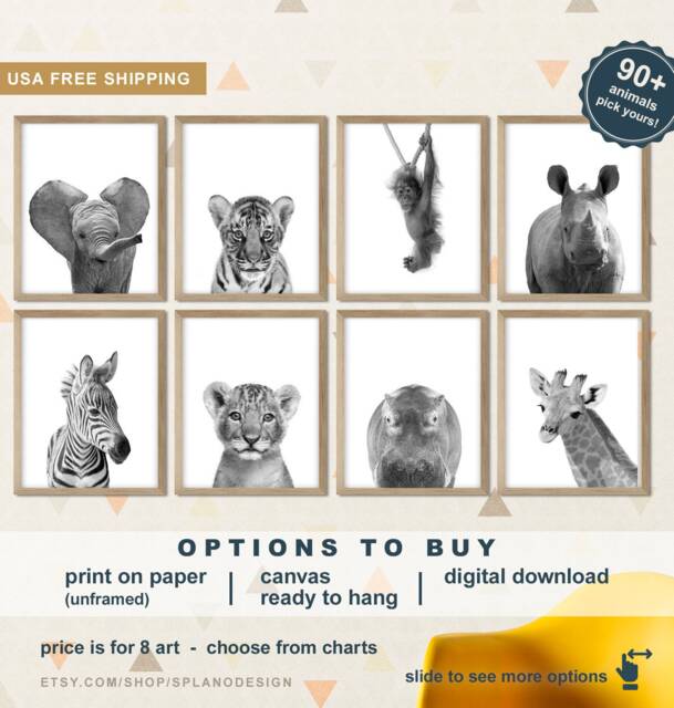 Safari Animal Prints For Nursery, Jungle Baby Nursery Decor, Monochrome Kids Room - image 1