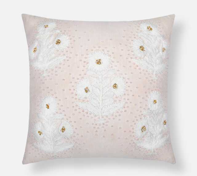 Blush Pink Linen Pillow Cover, Hand Embroidered Wool & Beaded Accent - Bmcc158 - image 1
