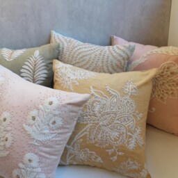 Blush Pink Linen Pillow Cover, Hand Embroidered Wool & Beaded Accent - Bmcc158 - thumbnail 4
