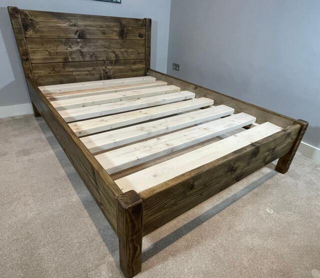 The Camden Reclaimed Bed Frame Chunky Solid Rustic Pine Wood With Headboard All Sizes Available Free UK Delivery. Extra Thick 4.5cm Slats - image 1