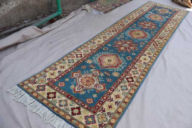 3x10 Blue Runner Rug, Turkmen Handmade Wool Afghan Oriental Long Hallway Runner, Tribal Kazak Carpet, Kitchen - image 1