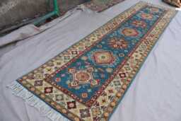 3x10 Blue Runner Rug, Turkmen Handmade Wool Afghan Oriental Long Hallway Runner, Tribal Kazak Carpet, Kitchen - thumbnail 1