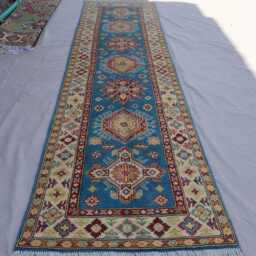 3x10 Blue Runner Rug, Turkmen Handmade Wool Afghan Oriental Long Hallway Runner, Tribal Kazak Carpet, Kitchen - thumbnail 2