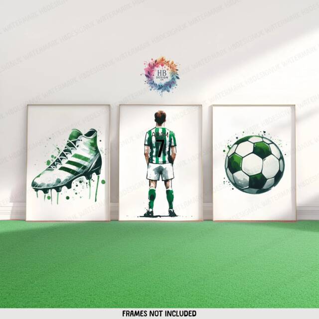 Boys Football Posters - Set Of 3 Prints - Custom Bedroom Decor Kids Wall Art Soccer Artwork Personalised Footballer Gift Green - image 1