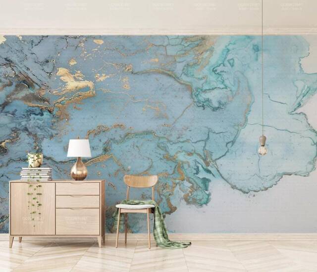 Blue Gold Marble Texture Wallpaper, Modern Abstract Wall Mural - Peel & Stick - image 1