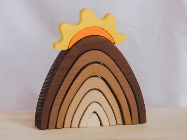 Wooden Mountain Stacker With Sunrise Toy, Puzzle Waldorf Toddler Toys, Educational Block Mountain, Stacking Toy - image 1