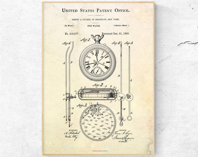 Stopwatch 1889 Patent Print. Stop Watch Invention Blueprint Poster. History Buff Gift. Gym Vintage Wall Art. Ready To Hang Canvas - image 1