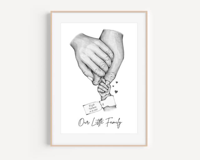 Personalised Family Print Gift New Baby Birth Tag Hands - 1 Child Only Unframed Black & White Pink Blue Bow Girl Boy Shower - image 1