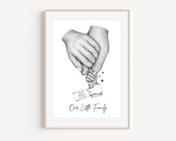 Personalised Family Print Gift New Baby Birth Tag Hands - 1 Child Only Unframed Black & White Pink Blue Bow Girl Boy Shower - thumbnail 1