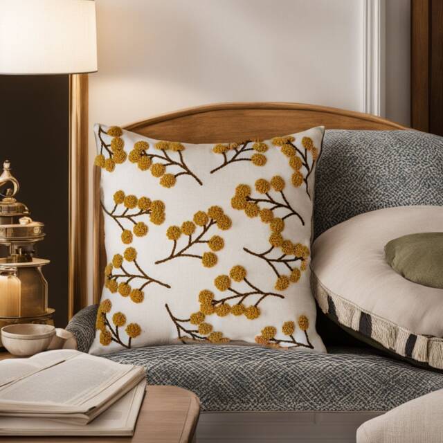 Punch Needle Pillow Cover Embroidered Orange Floral, Handmade Cotton - image 1