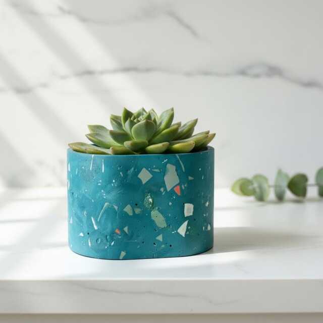 Handmade Terrazzo Succulent Planter Pot - Modern Concrete Plant Stone Vessel - image 1