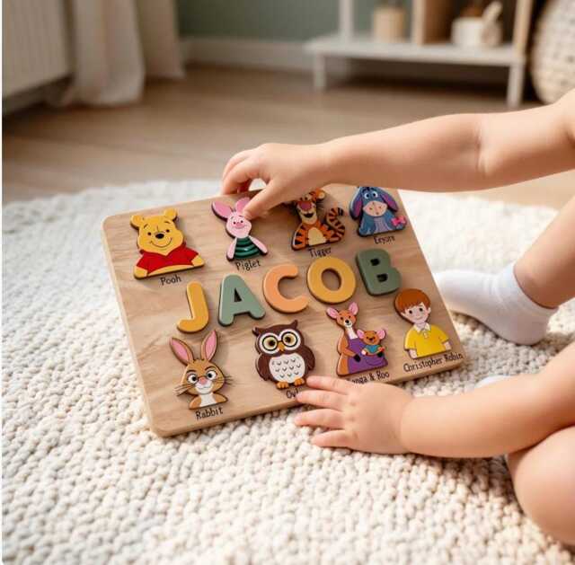 Personalized Wooden Name Puzzle Winnie The Pooh, Custom Baby Boy Girl Gift, Toddler Toy, First Birthday Gift For Kids - image 1