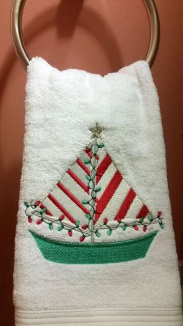 Christmas Sailboat Embroidered Bathroom Hand Towel - 16x30 Coastal Beach House Nautical Decor - image 1