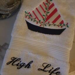 Christmas Sailboat Embroidered Bathroom Hand Towel - 16x30 Coastal Beach House Nautical Decor - thumbnail 2