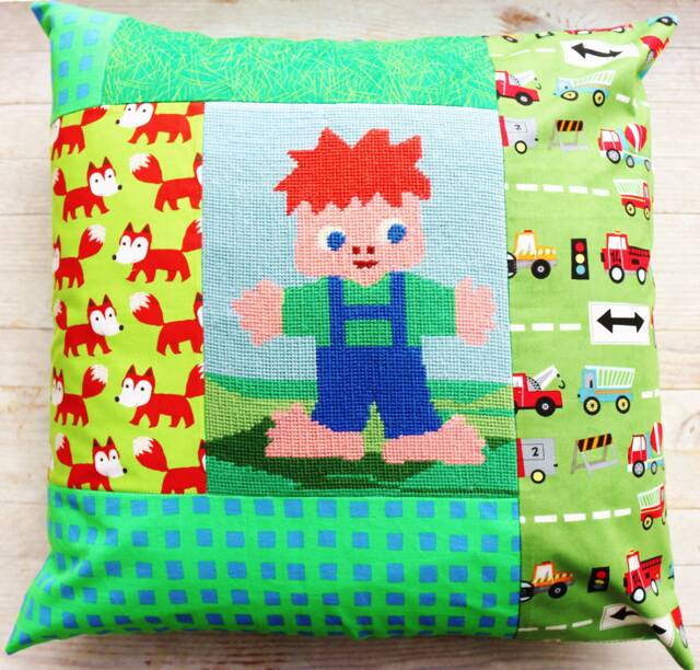 Patchwork Nursery Pillow Cover Upcycled Needlepoint, Kids Playroom Decor - image 1