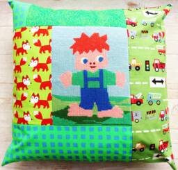 Patchwork Nursery Pillow Cover Upcycled Needlepoint, Kids Playroom Decor - thumbnail 1