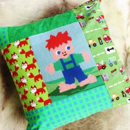 Patchwork Nursery Pillow Cover Upcycled Needlepoint, Kids Playroom Decor - thumbnail 3