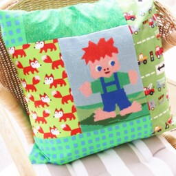 Patchwork Nursery Pillow Cover Upcycled Needlepoint, Kids Playroom Decor - thumbnail 4