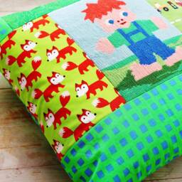 Patchwork Nursery Pillow Cover Upcycled Needlepoint, Kids Playroom Decor - thumbnail 2