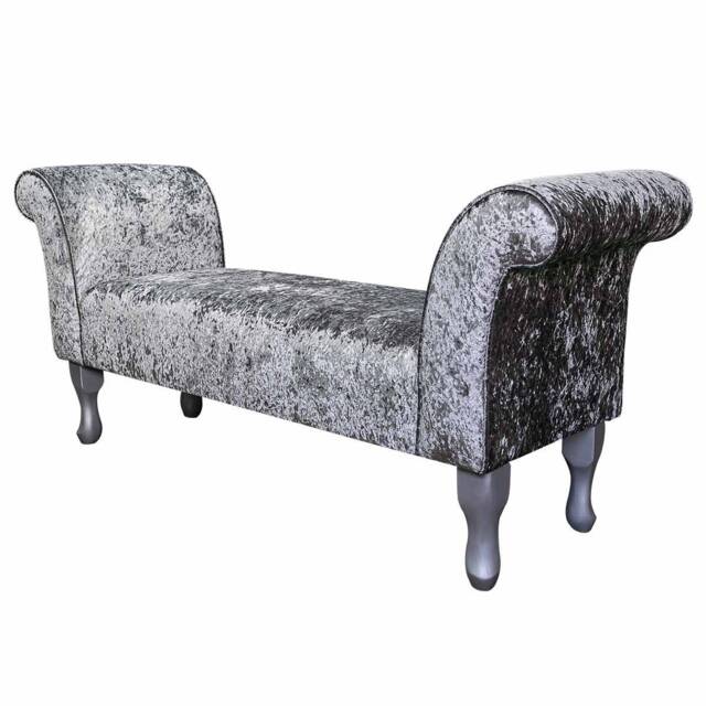 steel Crushed Velvet Medium Window Seat - Traditional Silver Bed End Bench Handmade in Britain - image 1