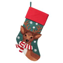 Festive Reindeer Embroidered Christmas Stocking - Winter Animal Rudolph Fun Kids Children Presents Green Red Snowflakes Eve Gift Santa