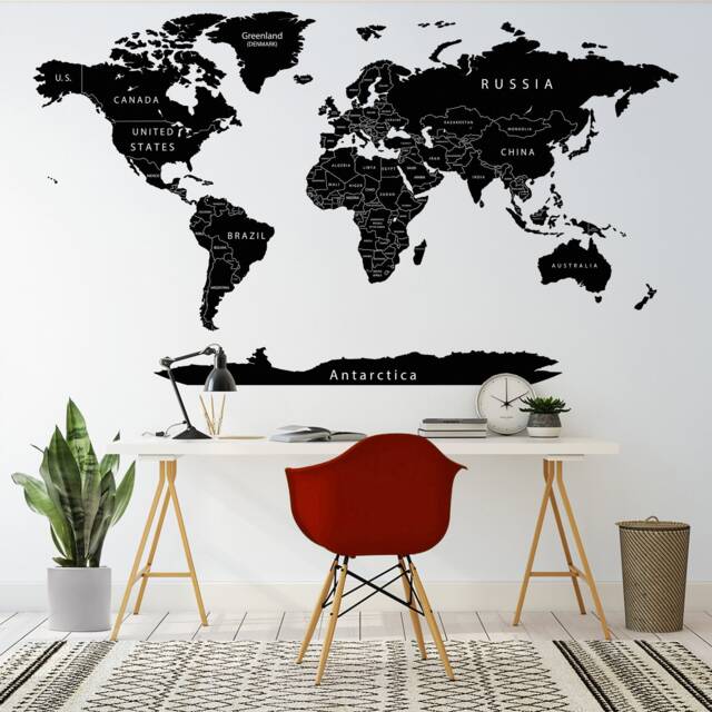 World Map Wall Decal Black Sticker Detailed Political Decor With Country Names Push Pin Travel Of Art - image 1