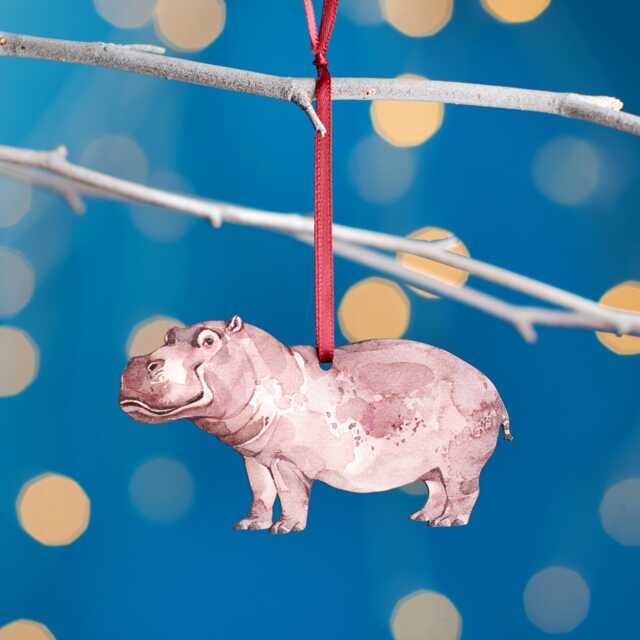 Hippopotamus Christmas Tree Decoration, Birch Plywood Ornament, Animal Lover Gift, Festive Watercolour Art, Traditional Keepsake - image 1