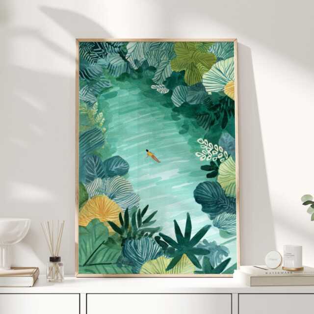 Tropical Jungle Lagoon Wall Art Print - Woman Swimming Illustration Green Botanical Nature Poster For Bedroom Or Living Room - image 1