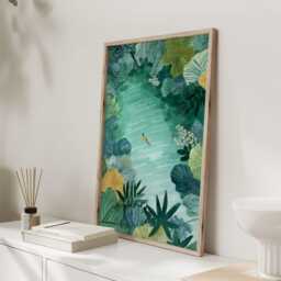 Tropical Jungle Lagoon Wall Art Print - Woman Swimming Illustration Green Botanical Nature Poster For Bedroom Or Living Room - thumbnail 3