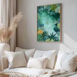 Tropical Jungle Lagoon Wall Art Print - Woman Swimming Illustration Green Botanical Nature Poster For Bedroom Or Living Room - thumbnail 2