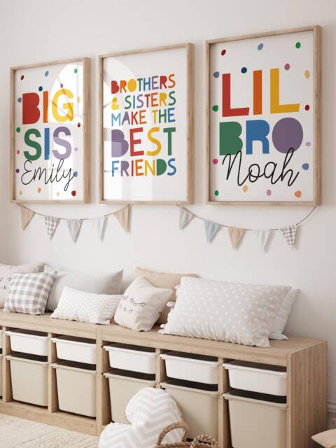 3 Playroom Prints, Brother & Sister Siblings Decor, Rainbow Wall Art, Colourful