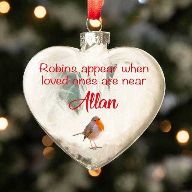 Personalised Robins Appear Feather Memorial Glass Heart Bauble Christmas Tree Decoration - image 1