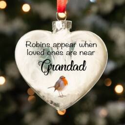 Personalised Robins Appear Feather Memorial Glass Heart Bauble Christmas Tree Decoration - thumbnail 2