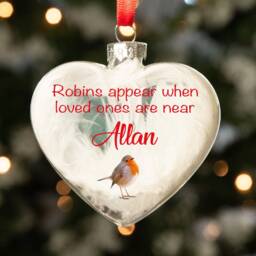 Personalised Robins Appear Feather Memorial Glass Heart Bauble Christmas Tree Decoration - thumbnail 1
