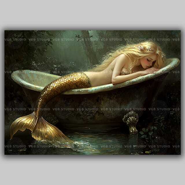 Mermaid in Bathtub Fantasy Wall Art Print Whimsical Bathroom Decor Enchanted Ocean Creature Fairy Tale Illustration Romantic Siren Ad40 - image 1