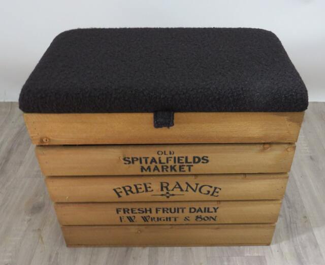 Large Rustic Wooden Storage Crate - Upholstered Boucle Wool Lid Seat - image 1