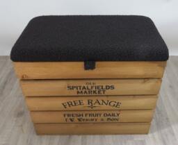 Large Rustic Wooden Storage Crate - Upholstered Boucle Wool Lid Seat - thumbnail 1