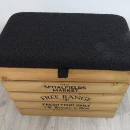 Large Rustic Wooden Storage Crate - Upholstered Boucle Wool Lid Seat - thumbnail 2