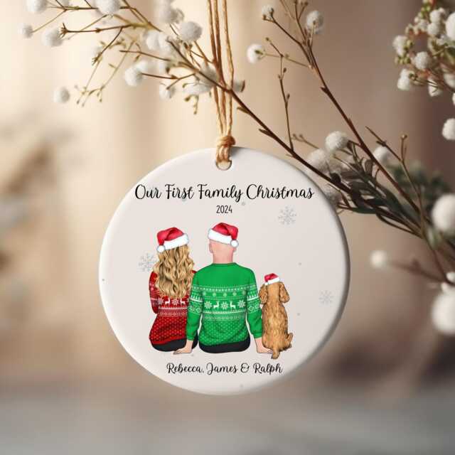 First Family Christmas Bauble, Personalised Couple & Dog Ceramic Gift, Pet Ornament - image 1