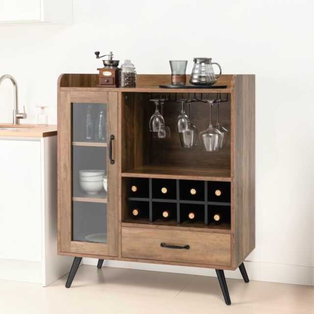 Sideboard Cabinet Rustic Brown Wooden Storage Cupboard Wine Rack & Glass Holder - image 1