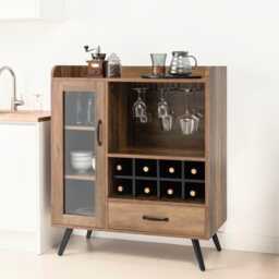Sideboard Cabinet Rustic Brown Wooden Storage Cupboard Wine Rack & Glass Holder - thumbnail 1