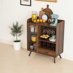 Sideboard Cabinet Rustic Brown Wooden Storage Cupboard Wine Rack & Glass Holder - thumbnail 3