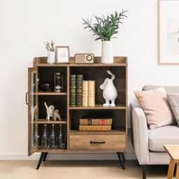 Sideboard Cabinet Rustic Brown Wooden Storage Cupboard Wine Rack & Glass Holder - thumbnail 2