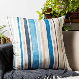 Watercolour Ocean Stripe Extra-Large Cushion Cover. Traditional Nautical Horizontal Stripes in Marine Blue & Grey Hues. 23X23