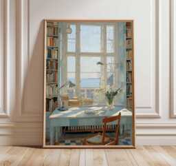Cozy Study Room Poster - Serene Window Desk Art Print Vintage Painterly Wall Peaceful Reading Nook Decor Calm Home Office - thumbnail 1
