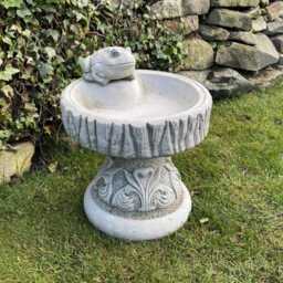 Small Rustic Stone Garden Birdbath With Frog - Ornate Base, UK Made Dgs Statues