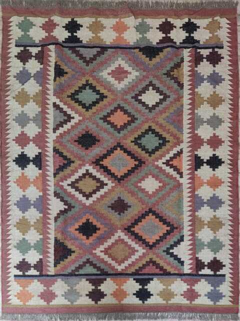 Bespoke Handwoven Wool Jute Flatweave Kilim Rug - Tribal Geometric Carpet For Living Room & Bedroom - image 1