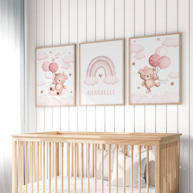 Set Of 3 Nursery Prints, Teddy Bear Nursery, Girls Prints Girls Decor, Baby Girls, Pink Nursery, Nursery Decor, Nursery Wall Art - image 1