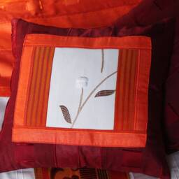 "Covers Bed in Assembled Fabrics, Ecru & Orange, Decorated ""Cotton Flowers" - thumbnail 4